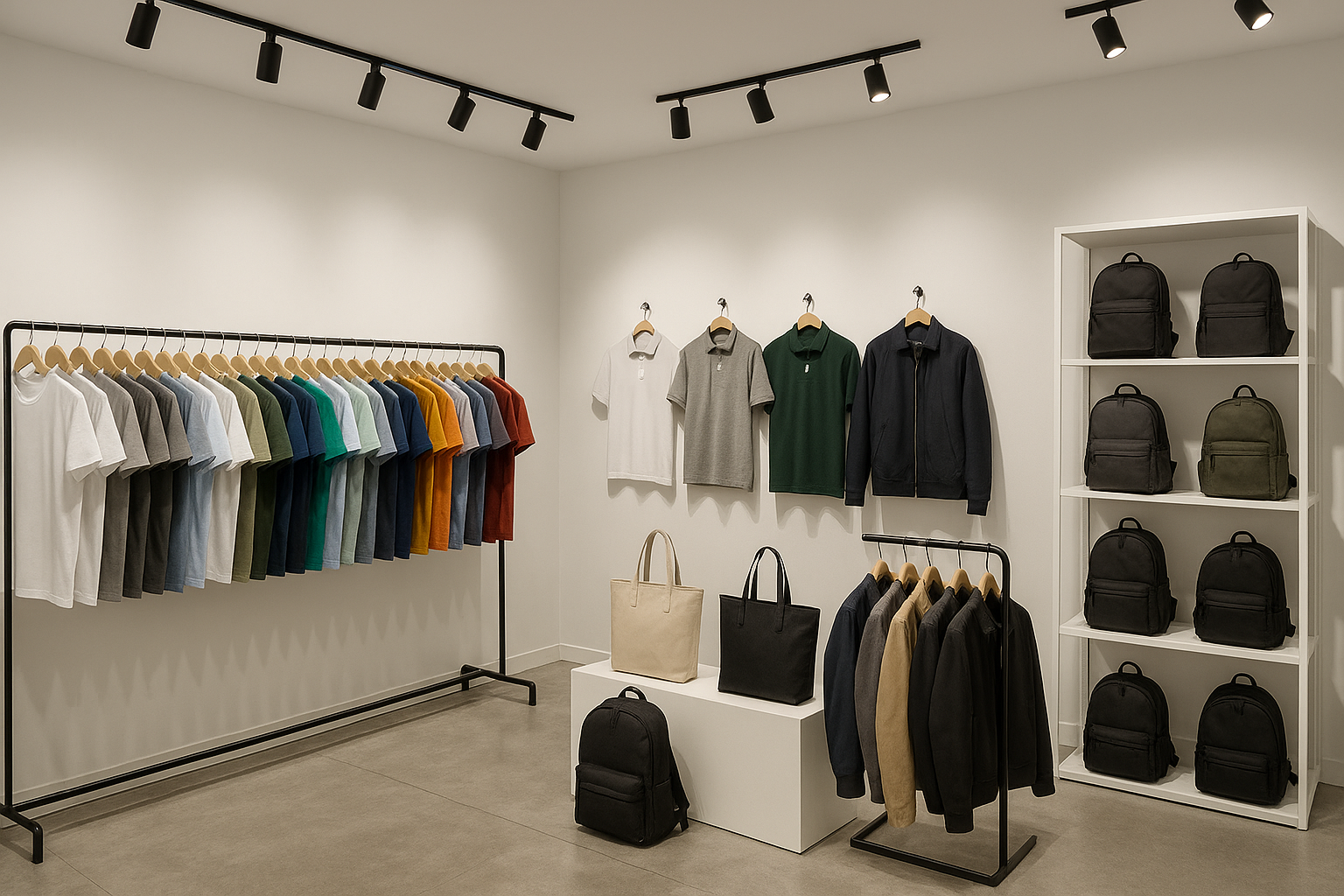 a showroom with t-shirts, polos, jackets, backpacks, and tote bags